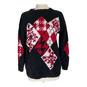 Izod Vintage Plaid Argyle Holiday Christmas Sweater Medium